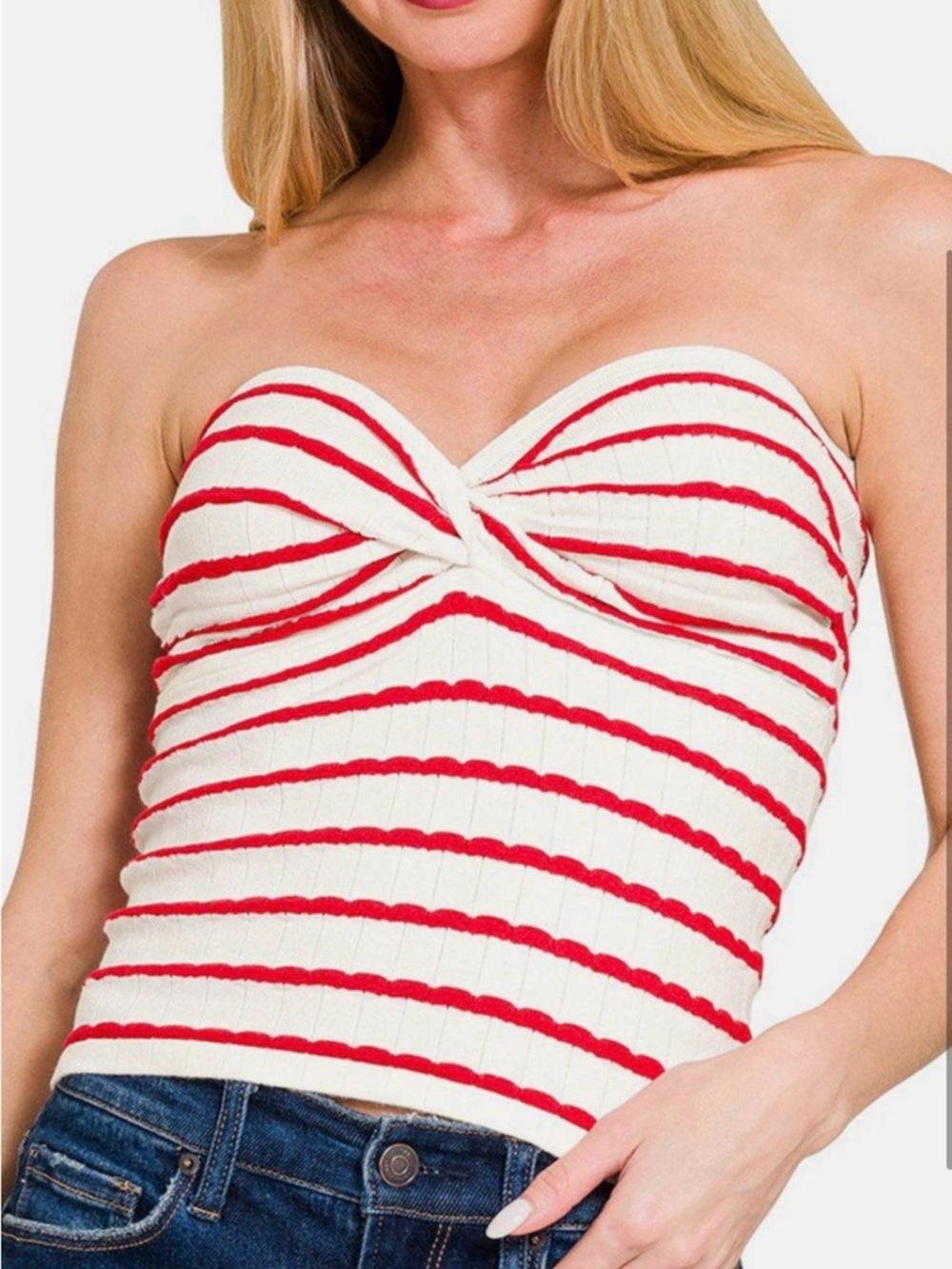 Zenana Striped bandeau Twist Front Tube Top White & Red small medium large